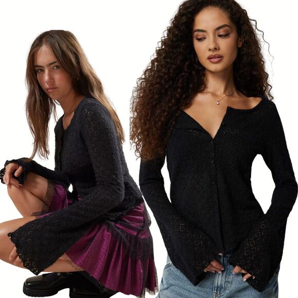 NEW Kimchi Blue Cassidy Cardigan Soft Button Up Flare Sleeve Geometric Lace Med - Picture 1 of 16